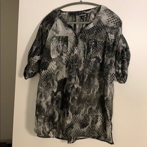 Express “snake skin” print, black/grey sheer top.